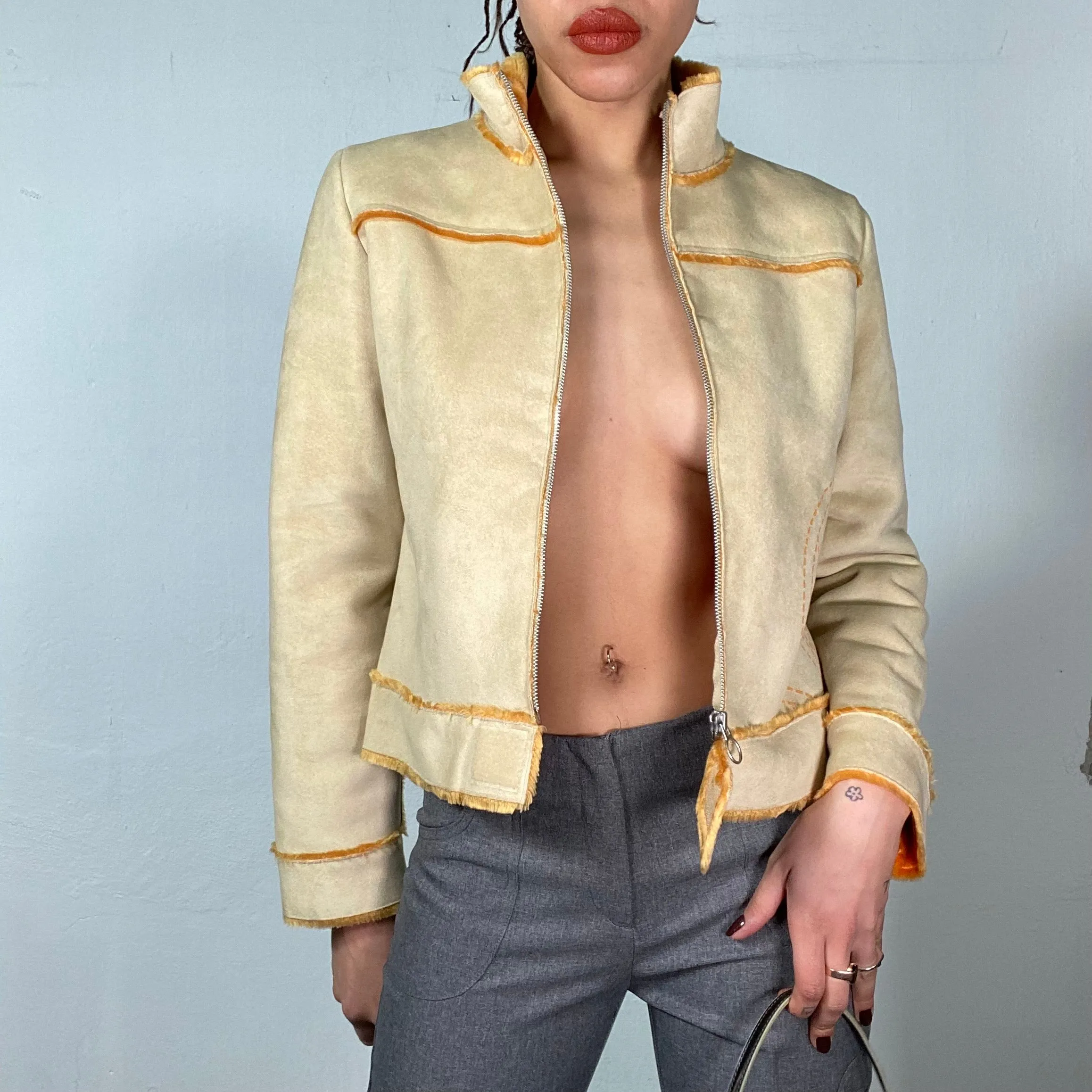 Vintage 2000's Downtown Girl Beige Faux Suede Jacket with Orange Roxy Lining (S)