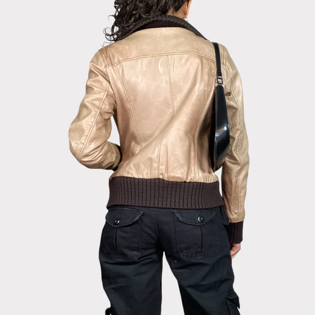 Vintage 2000's Model Off Duty classic Beige Leather Jacket with Knit Trim(S)