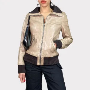 Vintage 2000's Model Off Duty classic Beige Leather Jacket with Knit Trim(S)