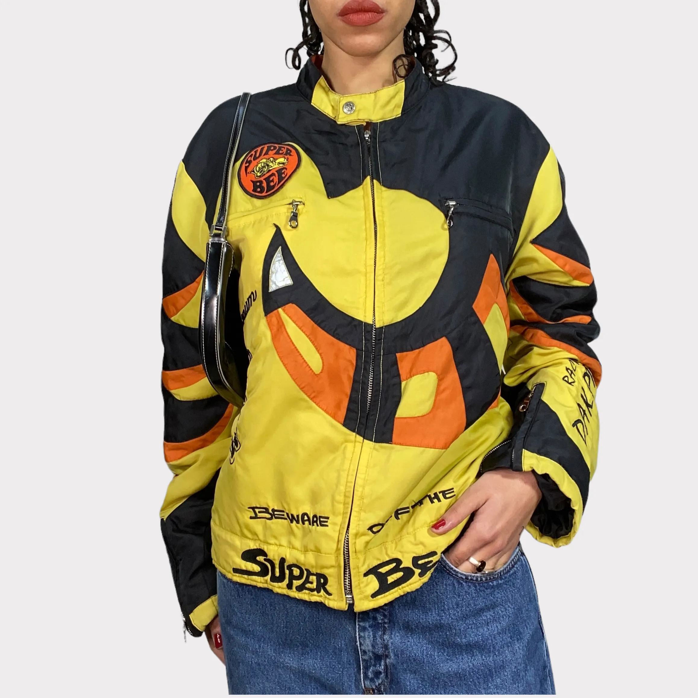 Vintage 90's Bella Hadid Oversized Fabric Black and Yellow Racer Jacket (S/M/L)