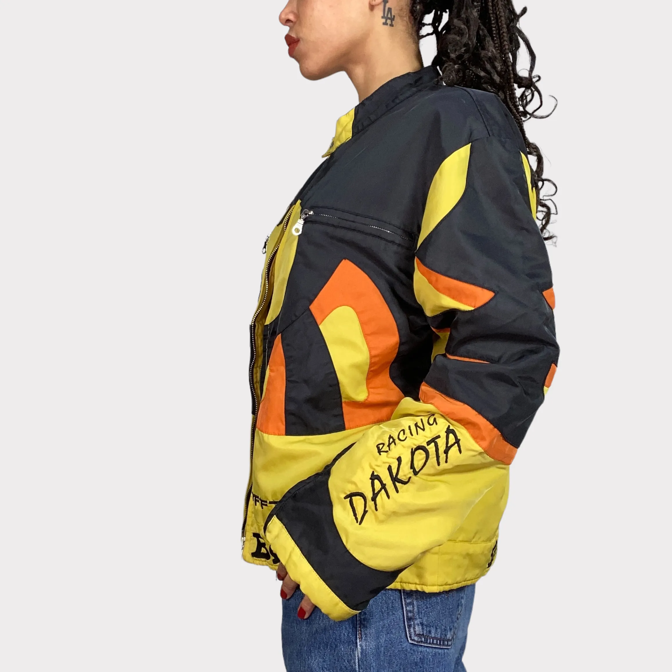 Vintage 90's Bella Hadid Oversized Fabric Black and Yellow Racer Jacket (S/M/L)