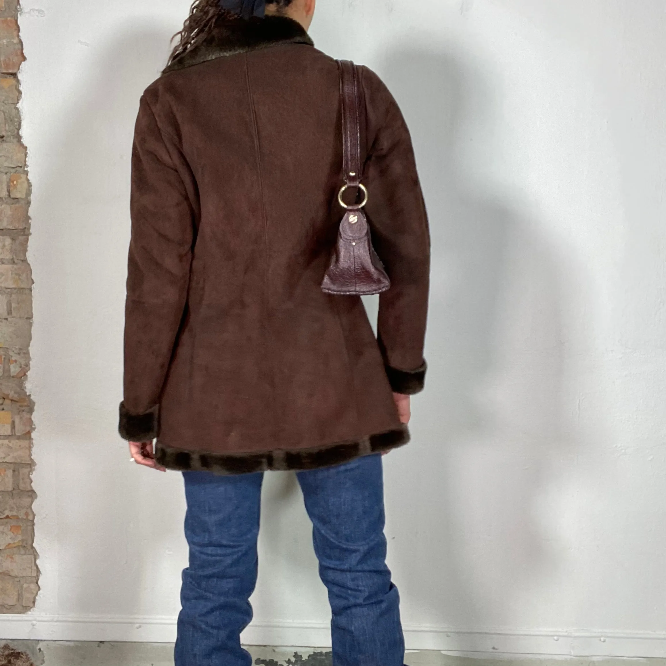 Vintage 90's Downtown Girl Brown Suede Coat with Faux Fur Trim (M)