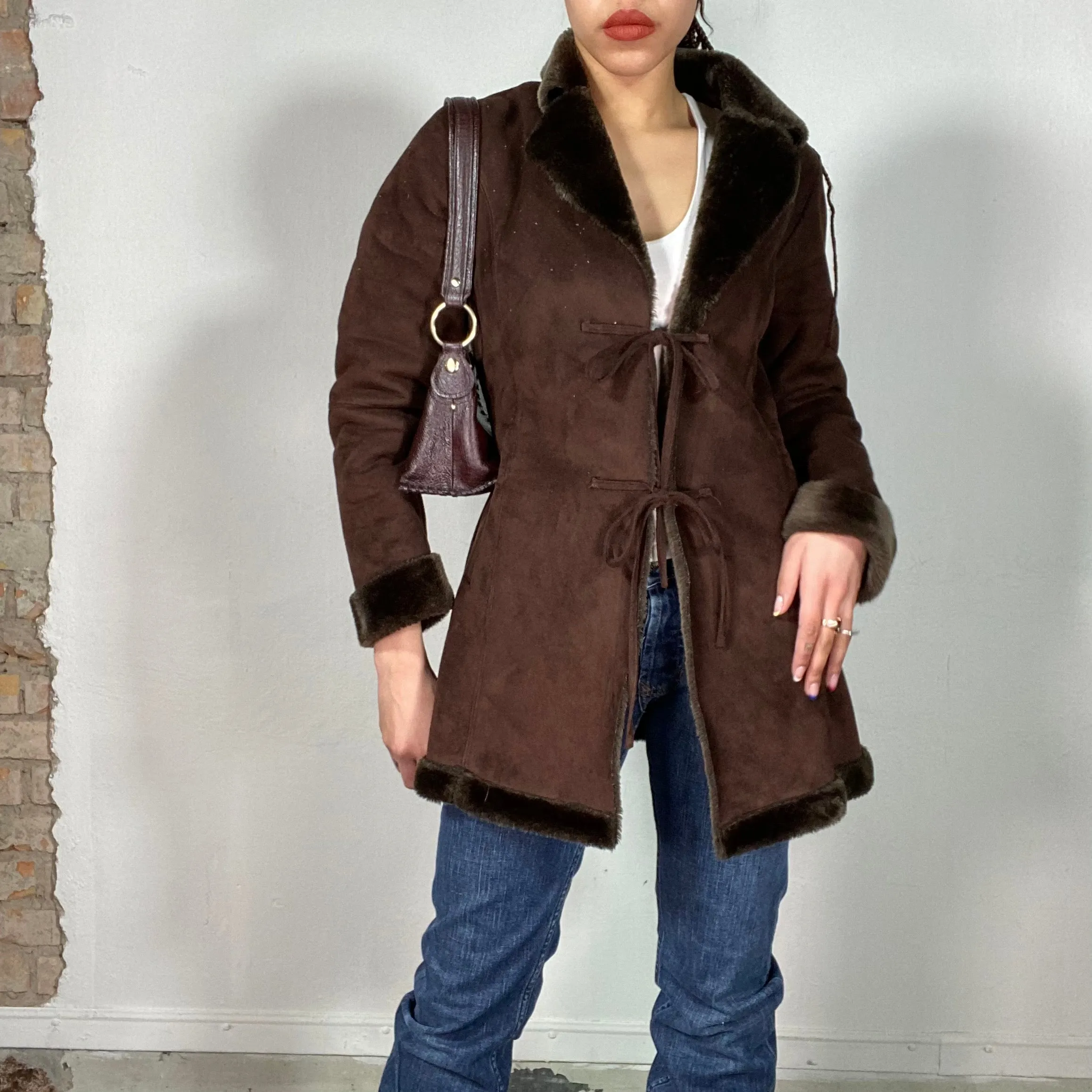 Vintage 90's Downtown Girl Brown Suede Coat with Faux Fur Trim (M)