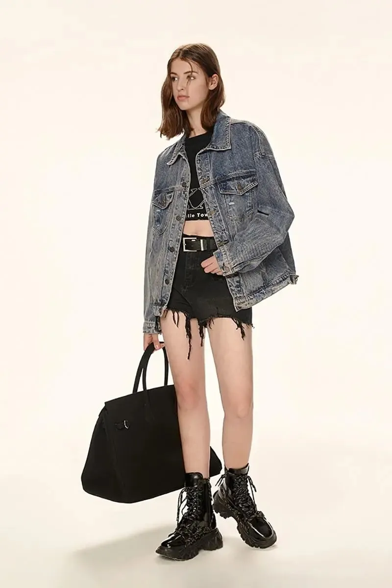 Vintage Distressed Jean Jacket with Washed Effect