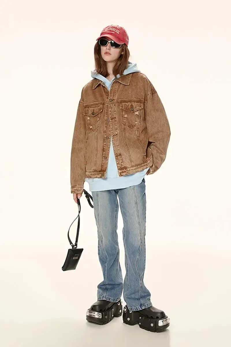 Vintage Distressed Jean Jacket with Washed Effect