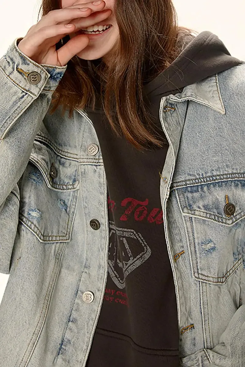 Vintage Distressed Jean Jacket with Washed Effect