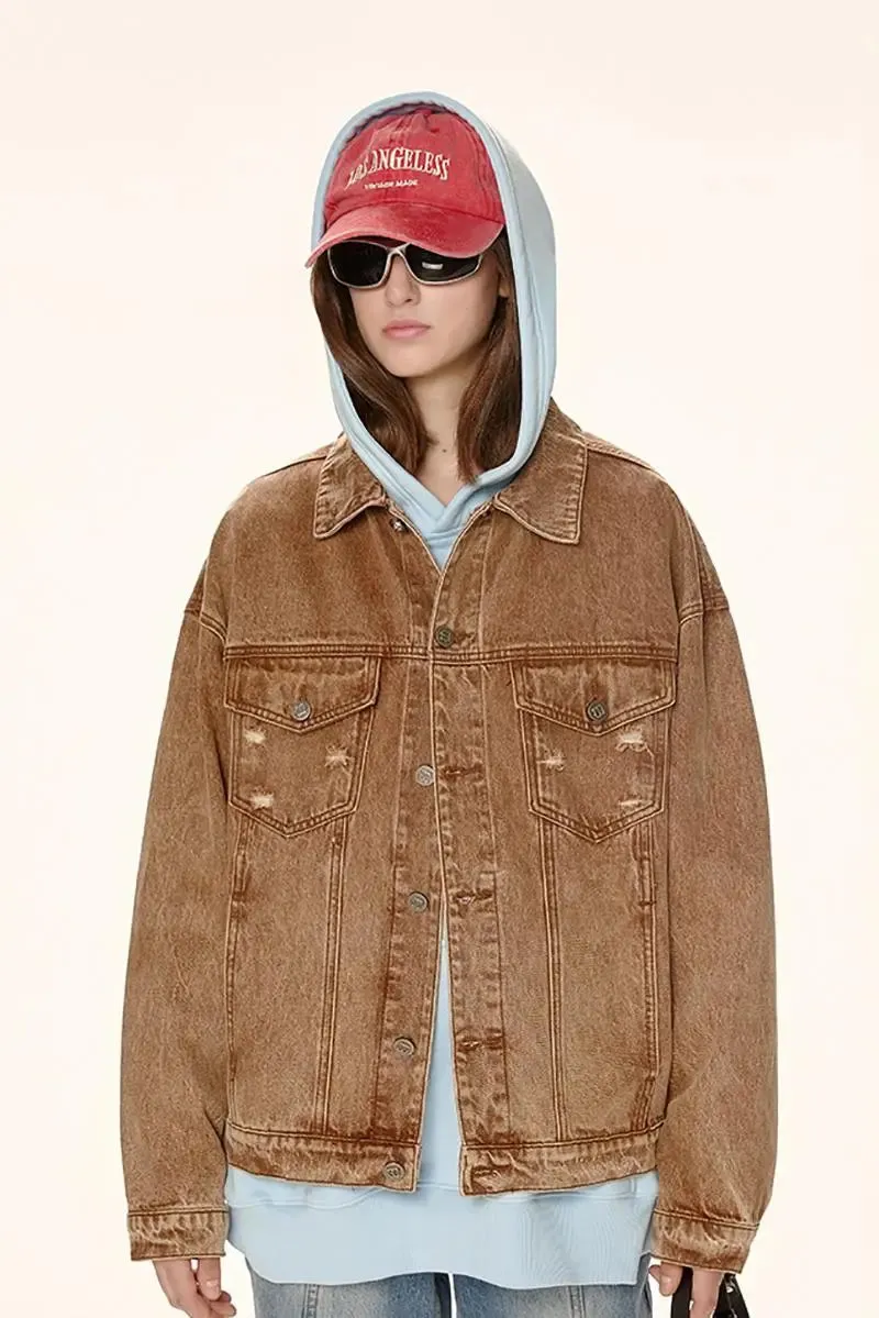 Vintage Distressed Jean Jacket with Washed Effect