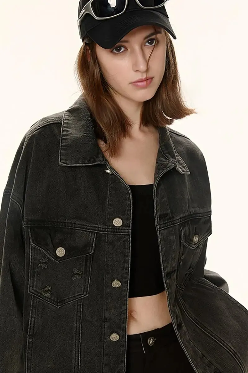 Vintage Distressed Jean Jacket with Washed Effect