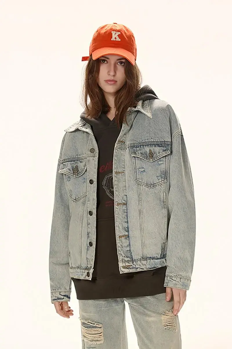 Vintage Distressed Jean Jacket with Washed Effect