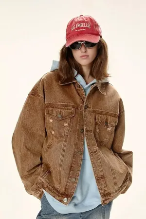 Vintage Distressed Jean Jacket with Washed Effect