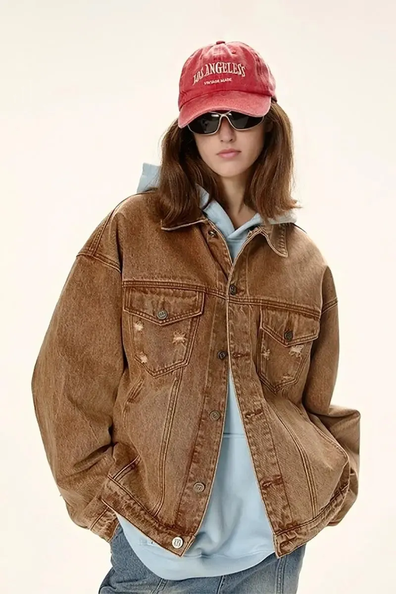 Vintage Distressed Jean Jacket with Washed Effect