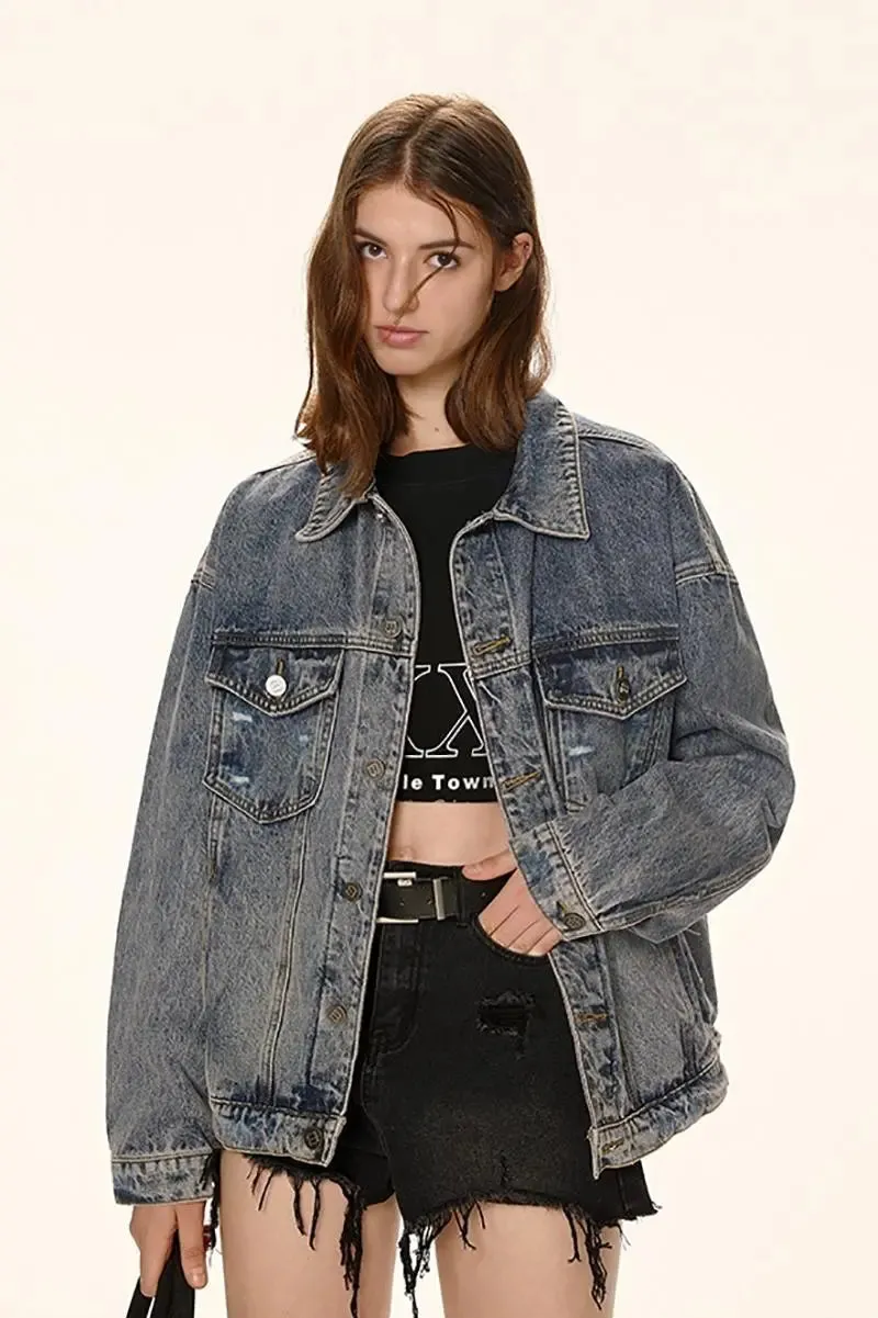 Vintage Distressed Jean Jacket with Washed Effect