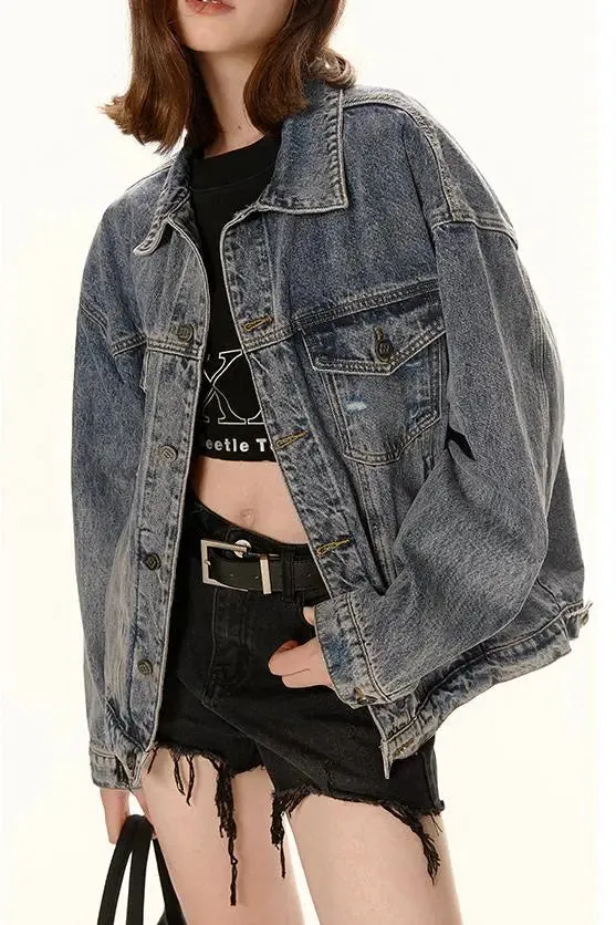 Vintage Distressed Jean Jacket with Washed Effect