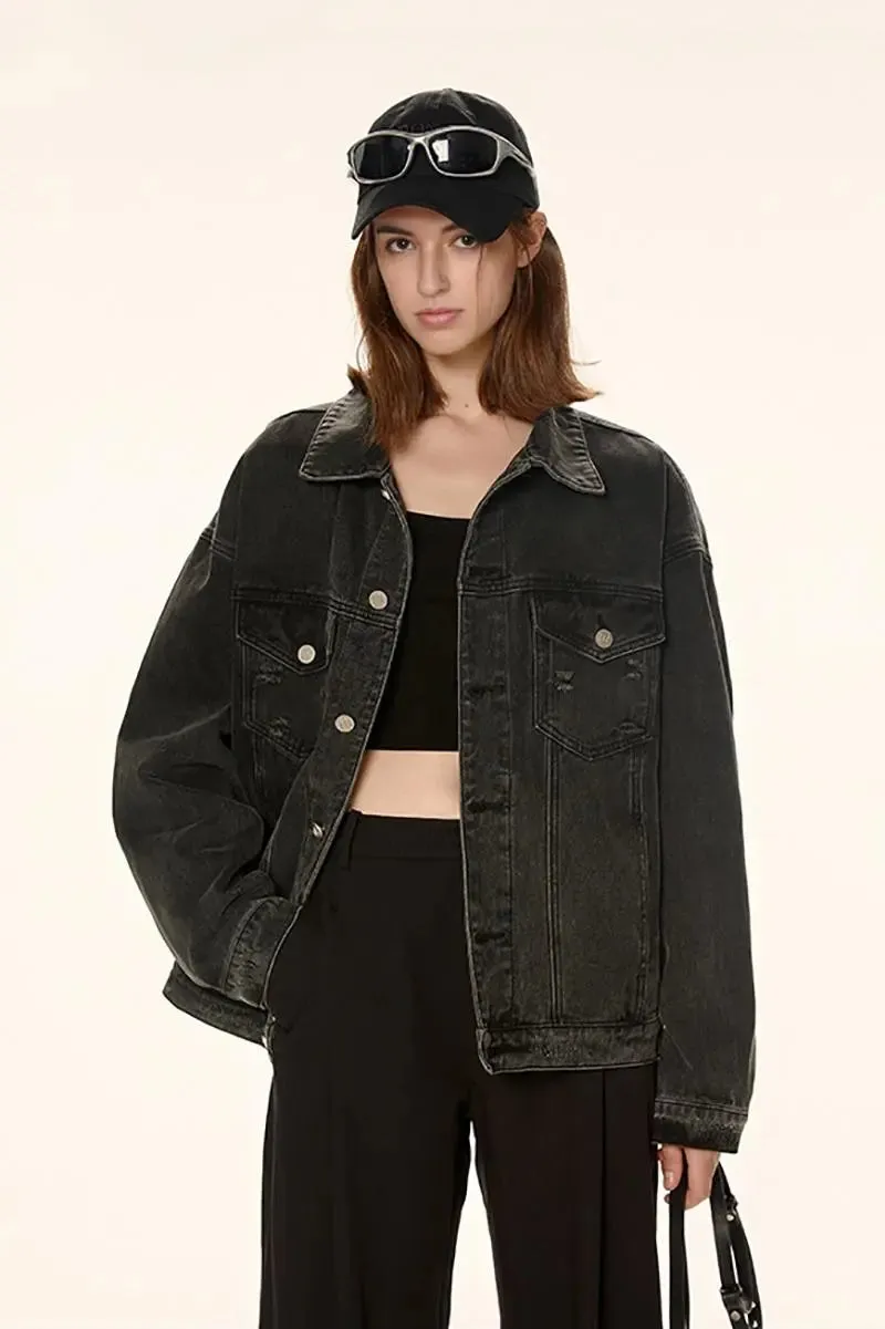 Vintage Distressed Jean Jacket with Washed Effect
