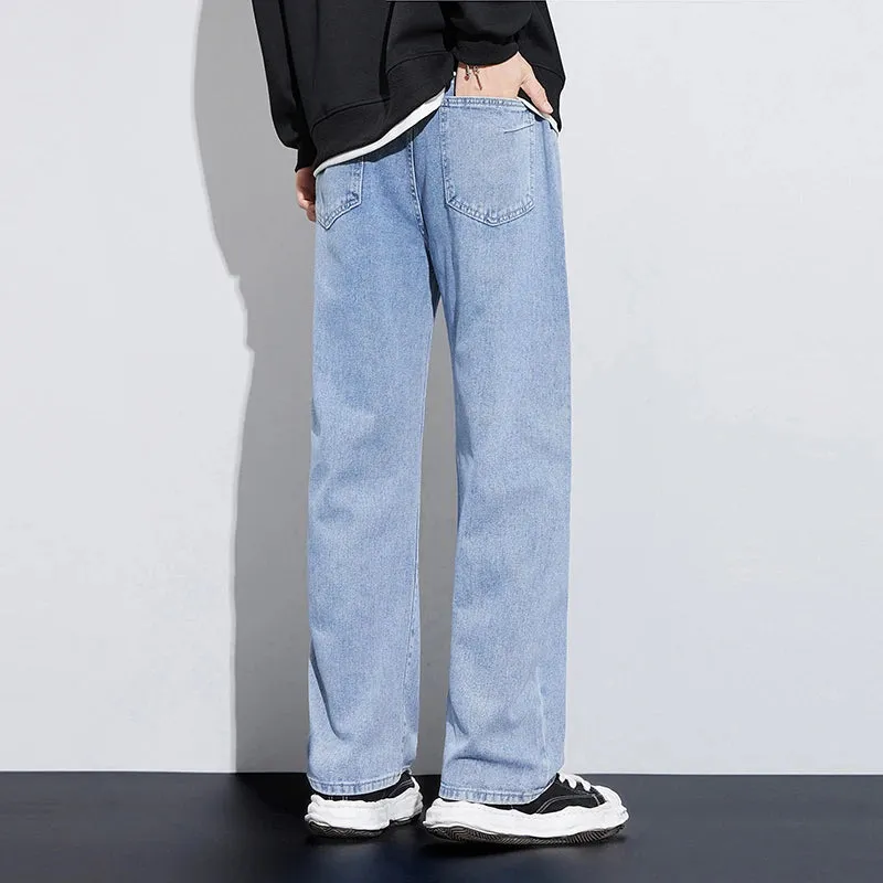 Wide Leg Jeans Men Baggy Pants Loose Fit Light Blue Elastic Waist Drawstring Fasshion Size Stipes Men's Trousers Streetwear