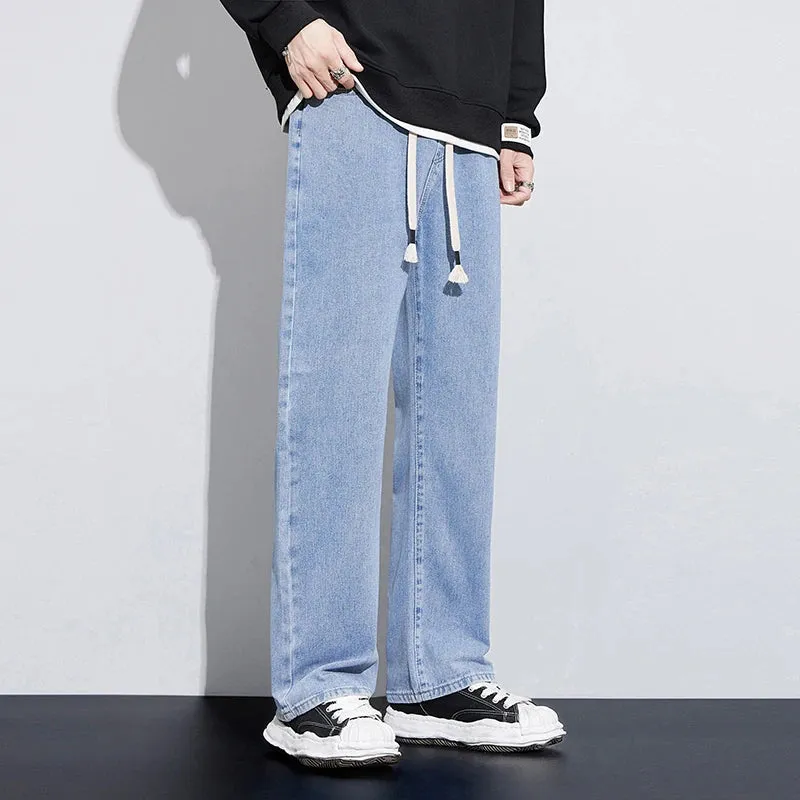 Wide Leg Jeans Men Baggy Pants Loose Fit Light Blue Elastic Waist Drawstring Fasshion Size Stipes Men's Trousers Streetwear