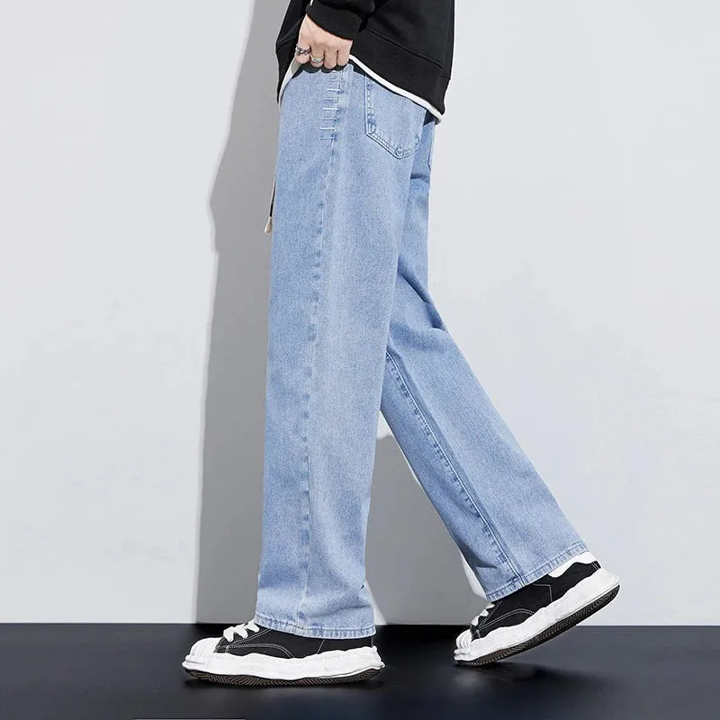 Wide Leg Jeans Men Baggy Pants Loose Fit Light Blue Elastic Waist Drawstring Fasshion Size Stipes Men's Trousers Streetwear
