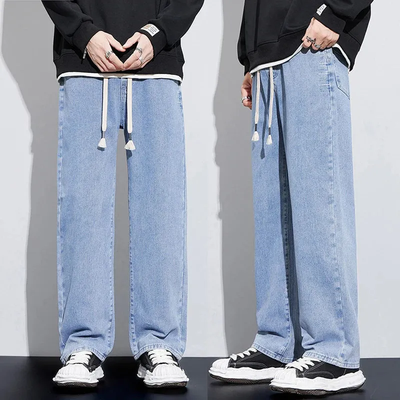 Wide Leg Jeans Men Baggy Pants Loose Fit Light Blue Elastic Waist Drawstring Fasshion Size Stipes Men's Trousers Streetwear