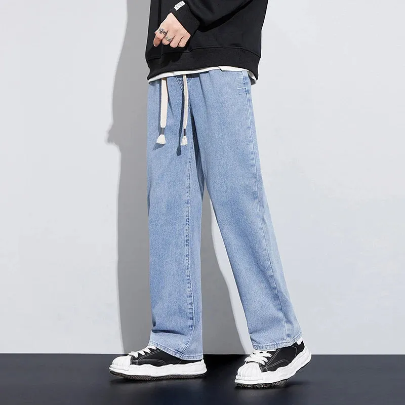 Wide Leg Jeans Men Baggy Pants Loose Fit Light Blue Elastic Waist Drawstring Fasshion Size Stipes Men's Trousers Streetwear