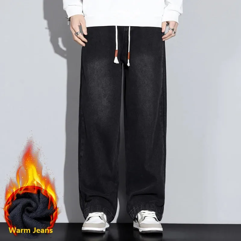 Winter Warm Jeans Men Baggy Pants Loose Wide Leg Denim Pants Thicken Fleece Striped Mens Desinger Clothing Men's Trousers Cowboy