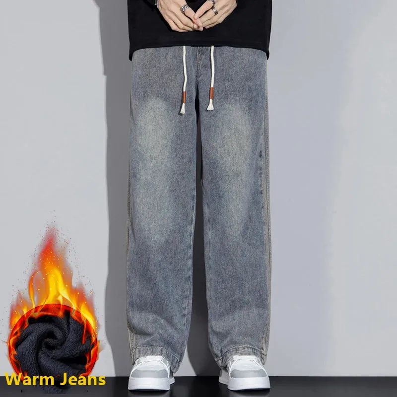 Winter Warm Jeans Men Baggy Pants Loose Wide Leg Denim Pants Thicken Fleece Striped Mens Desinger Clothing Men's Trousers Cowboy
