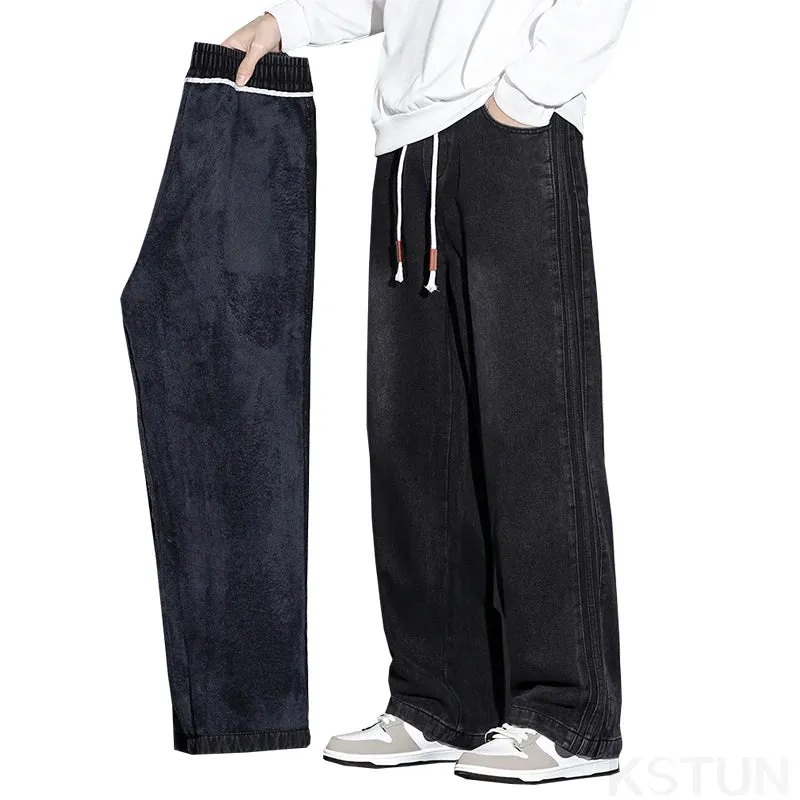 Winter Warm Jeans Men Baggy Pants Loose Wide Leg Denim Pants Thicken Fleece Striped Mens Desinger Clothing Men's Trousers Cowboy