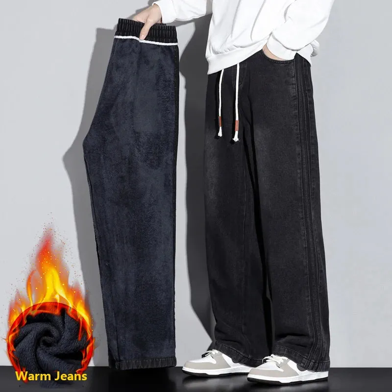 Winter Warm Jeans Men Baggy Pants Loose Wide Leg Denim Pants Thicken Fleece Striped Mens Desinger Clothing Men's Trousers Cowboy