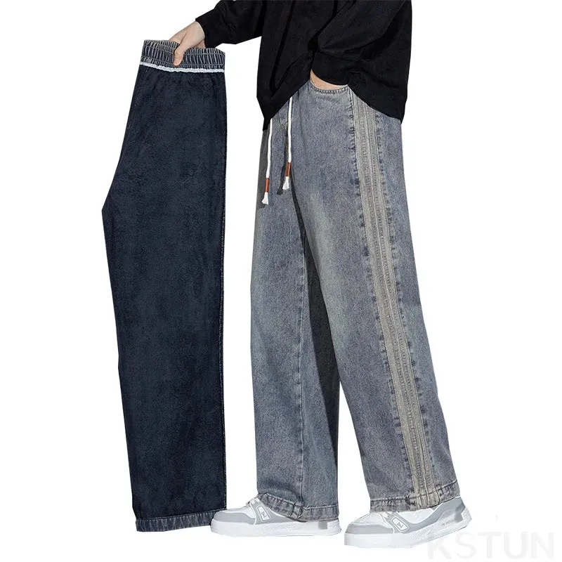 Winter Warm Jeans Men Baggy Pants Loose Wide Leg Denim Pants Thicken Fleece Striped Mens Desinger Clothing Men's Trousers Cowboy