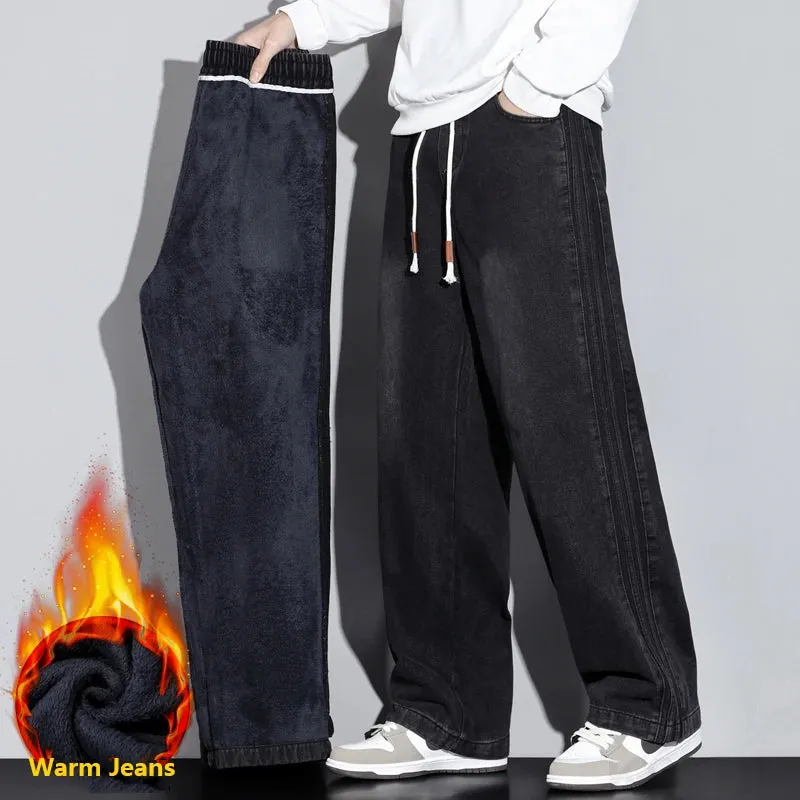 Winter Warm Jeans Men Baggy Pants Loose Wide Leg Denim Pants Thicken Fleece Striped Mens Desinger Clothing Men's Trousers Cowboy