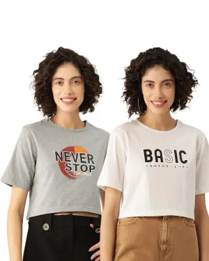 Women ' s Trending Light Grey & White Graphic Printed Pure Cotton Crop T-shirt (Pack Of 2)