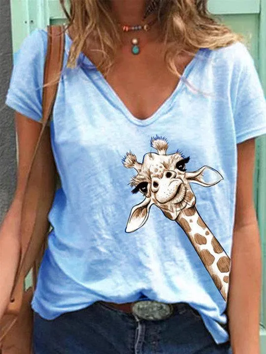 Women Simple Animal Printed V Neck Short Sleeve Tops