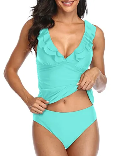 Women's 2 Piece Falbala Ruffle Flounce Tankini Swimsuits Ruched Bathing Suits-Aqua