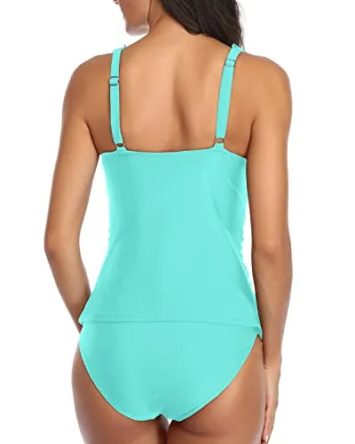 Women's 2 Piece Falbala Ruffle Flounce Tankini Swimsuits Ruched Bathing Suits-Aqua