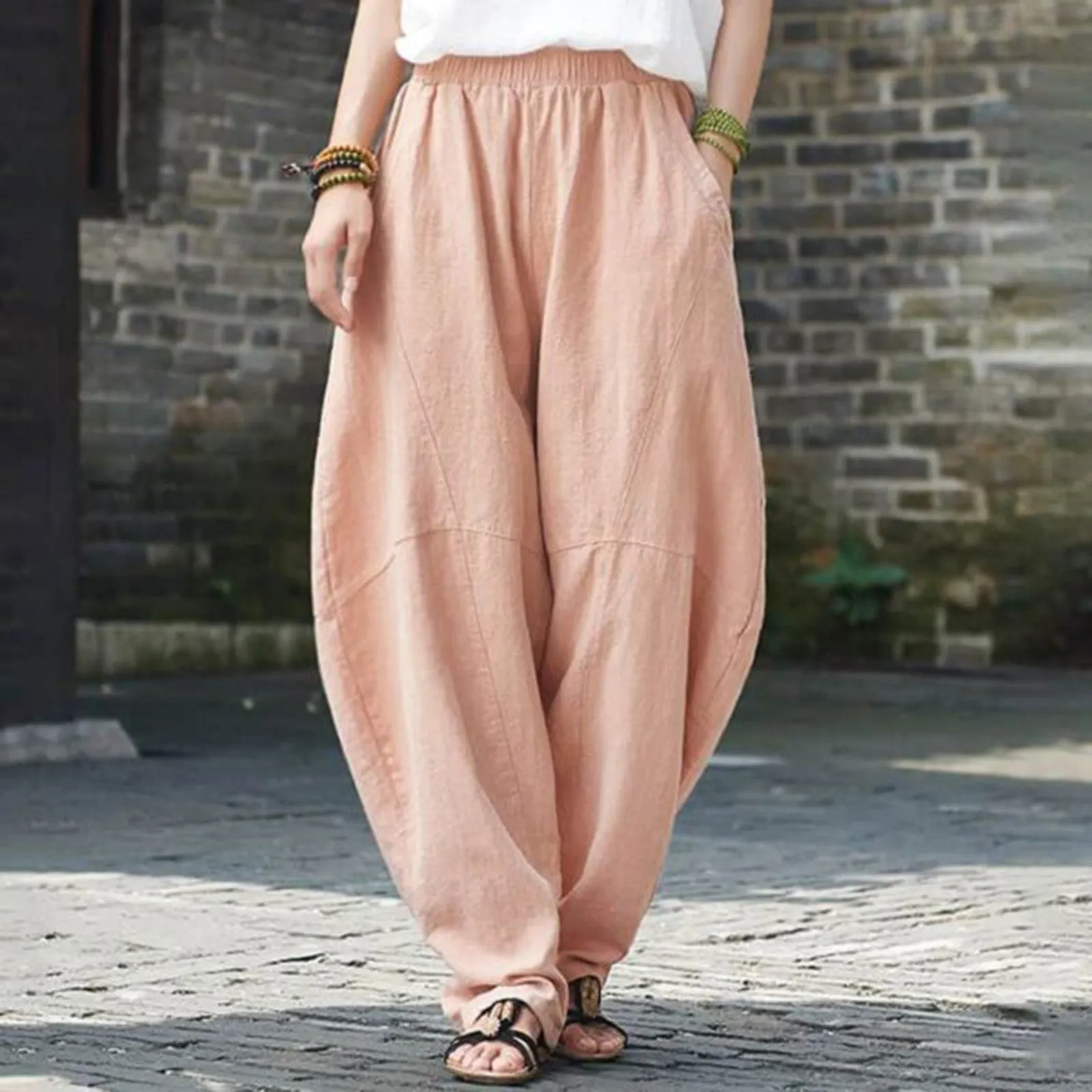 Women's Cotton And Linen Loose Casual Stitching Solid Color Pants