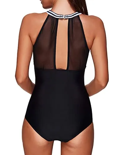 Women's Mesh High Neck Halter One Piece Swimsuit Swimwear-Black And White Stripe