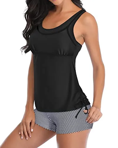 Women's Padded Push Up Two Piece Tankini Swimsuits-Black Stripe