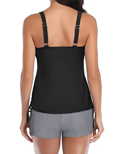Women's Padded Push Up Two Piece Tankini Swimsuits-Black Stripe