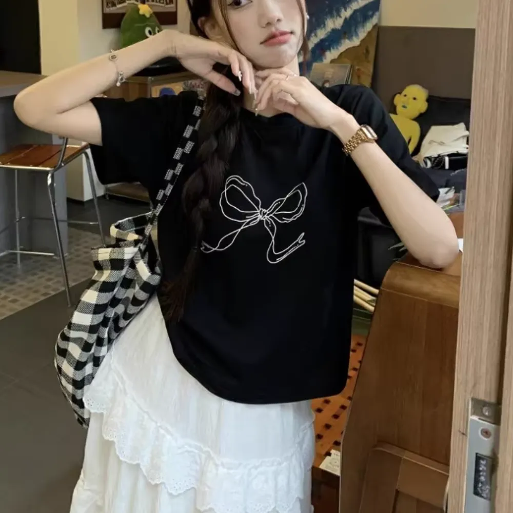 Women's Simple Bow Print T-Shirt