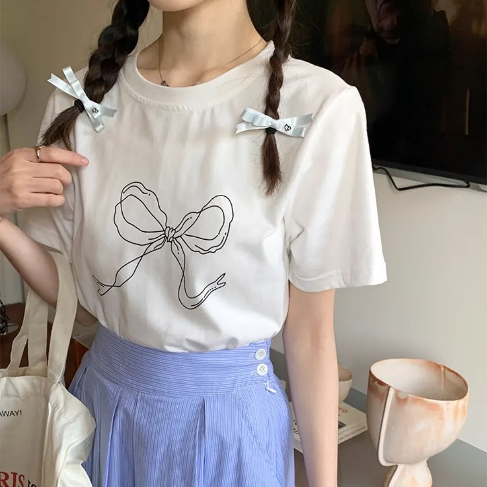Women's Simple Bow Print T-Shirt