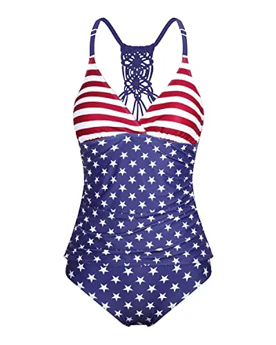 Womens Tummy Control Two Piece Tankini Set Swimsuits-National Flag