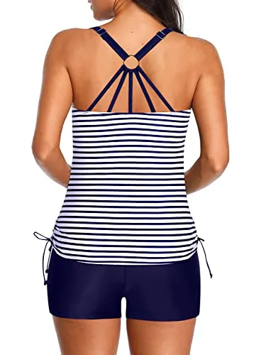 Women's Two Piece Tankini Swimsuits Shorts For Athletic Bathing Suits-Blue White Stripe