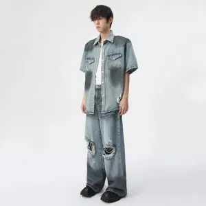 Worn-out Contrast Color Denim Set