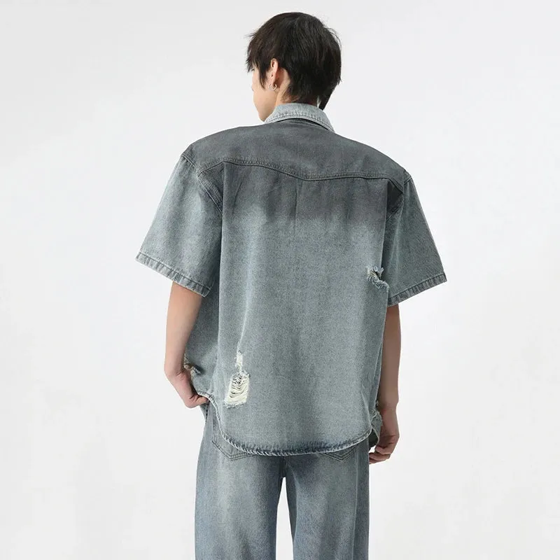 Worn-out Contrast Color Denim Set