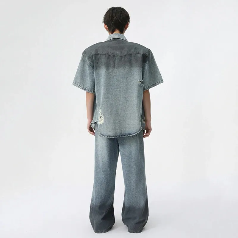 Worn-out Contrast Color Denim Set