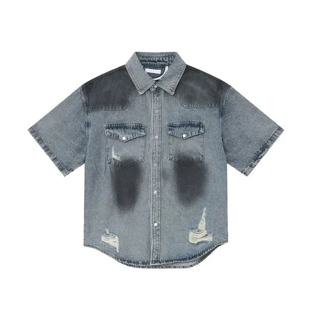 Worn-out Contrast Color Denim Set